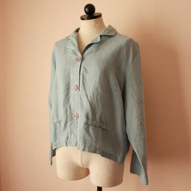 90s Sky Blue Linen Jacket Long Sleeve Cropped Blouse with Buckle Back Minimalist Size M / L 