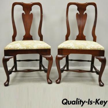 Vintage Solid Cherry Wood Queen Anne Style Stretcher Base Dining Side Chairs