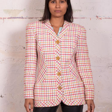 1990s Oscar de la Renta Multicolor Metallic Check Print Fitted Blazer sz S Rainbow Structured 90s 80s Wool Blend with Large Gold Buttons 