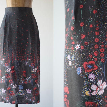 50s Vintage CASCADING POPPIES & LILIES High Waist Wiggle Skirt Black Botanical Skirt Floral Cotton Pleated Pencil Skirt Midi Slits Mod Retro 