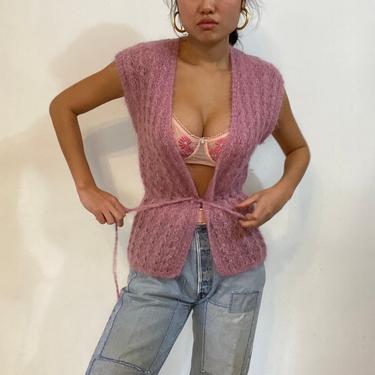 90s handknit sweater vest / vintage mauve pink handknit mohair drawstring peplum sleeveless V neck sweater vest | M 