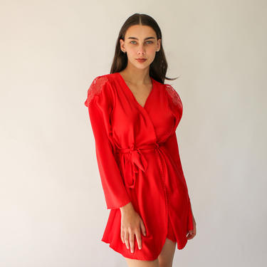 Vintage 80s Sabrina Red Laced Shoulder Nightie Robe | Scalloped Hem Lines | 1980s Scarlet Red Peek-A-Boo Shoulder Lingerie Robe 