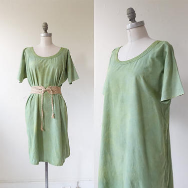 Vintage Hand Dyed Avocado Cotton Dress/ Antique 1910s 20s Green Boxy Short Sleeve Dress/ Size Large 