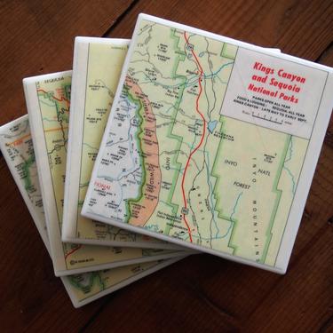 1965 Kings Canyon and Sequoia National Parks Vintage Map Coasters Set of 4 - Ceramic Tile - Repurposed 1960s Mobil Road Map - California 