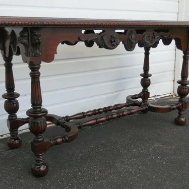 Gothic Heavy Carved Lion Heads Early 1900s Large Console Library Table 1482