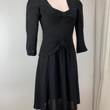 1940's Double Bow Dress - Black Rayon Fabric - Square Cut-Out Neckline - Peplum - Size Medium - 29 Inch Waist 