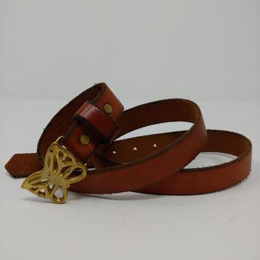 Vintage Seventies Brown Leather Belt with Brass Butterfly Buckle - 70s Size 37 Boho Hippie Leather Belt 