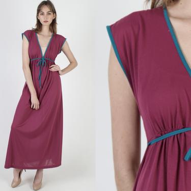 Burgundy Disco Lounge Dress / Plunging Deep V Nightgown / Stretchy Jersey Nightgown Maxi Dress 