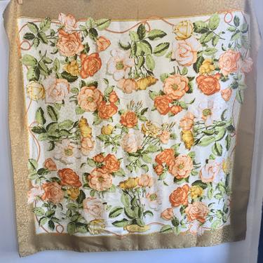 Vintage OLD ROSES Floral Print Scarf / 34&amp;quot; sq / Rolled Edges / Warm Tones 