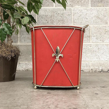 Vintage Wastebasket Retro 1960s Red Metal Wastebasket +Waste Bin + Gold Metal Carrier Stand Fleur De Lis Detail MCM Mid Century Home Decor 