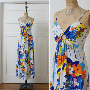 vintage 1970s dress • bright color pop floral sundress • sexy low-cut full length seventies dress 