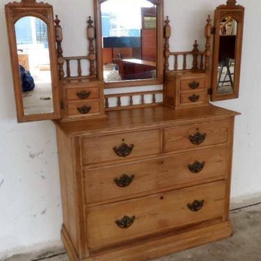 Rare Antique Mirrored Yellow Pine Ladies Dresser Dressing Table English 1880s 