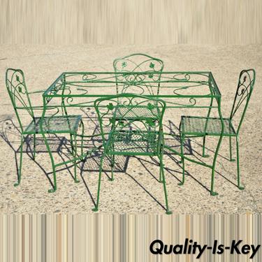 Vintage Salterini Green Wrought Iron Leaf Scrollwork Patio Dining Set - 5 Pieces