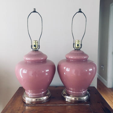 Pair of  Pink Ceramic Lamps, Mid Century Lamp, round ceramic lamps, two pink vintage lamps 