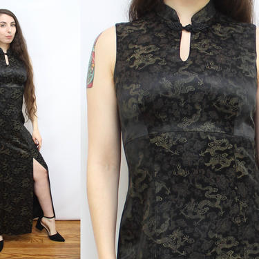 Vintage 90's Black Silky Satin Dragon Brocade Maxi Dress / 1990's High Slit Dress / Cheongsam Dress / All That Jazz / Women's Size Medium by Ru
