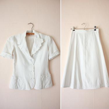 30s White Cotton Pique Blouse and Skirt Set Size XS / S 