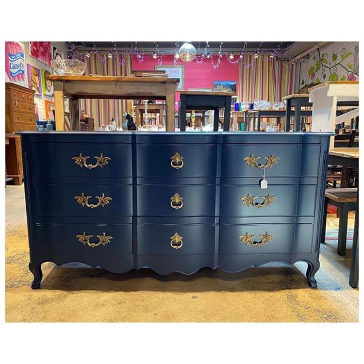 Beautiful painted (Navy Blue) John Widdicomb dresser with brass hardware / 9 drawers 66” long / 21.5” deep / 34.5” height 