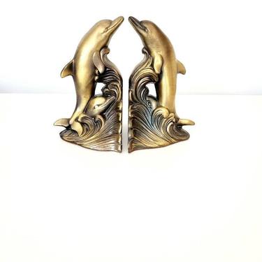 Vintage USA Brass Double Dolphin Bookend Set 