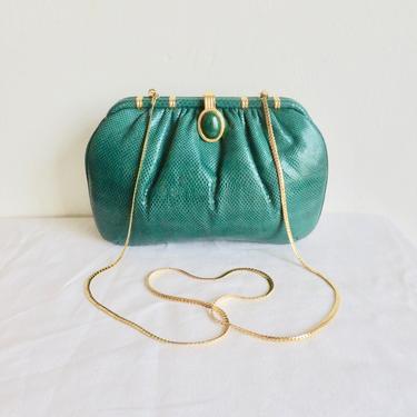 Vintage 1980's Emerald Green Snakeskin Leather Purse Convertible Clutch Gold Shoulder Chain Hardware Formal Evening Cocktail Bag Ashneil 