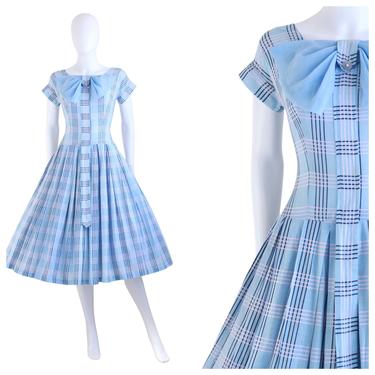 1950s Pale Blue & Pink Window Pane Plaid Fit and Flare Day Dress - 1950s Pale Blue Dress - 1950s Fit and Flare Dress  | Size Medium 