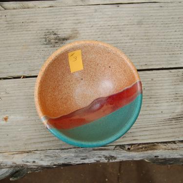 Walt Glass (1943-2016) Studio Pottery Large 4 cup Soup, Cereal, Sm. Mixing Bowl ~Texas Sunset w 3 Color, Drip Glaze, Teal, Magenta & Sand #3 