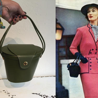 Ms Wentworth's Classic Look - Vintage 1950s 1960s Army Green Vinyl Leather Tall Oval Box Coffin Handbag Purse 