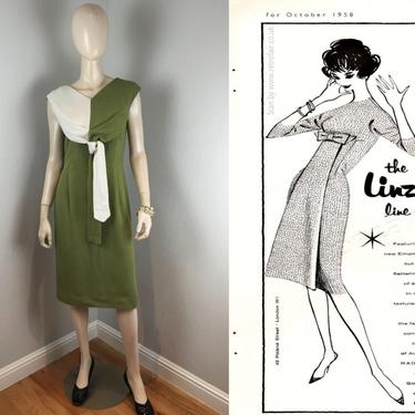 Draping Over Herself - Vintage Late 1950s Soft Olive Green & White Linen Wiggle Dress w/Tie Front - 12/14 