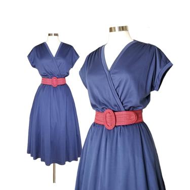Vintage Navy Blue Swing Dress, Large / 1970s Flared Summer Day Dress / Sleeveless Surplice Cocktail Dress / Retro Disco Party Dress 