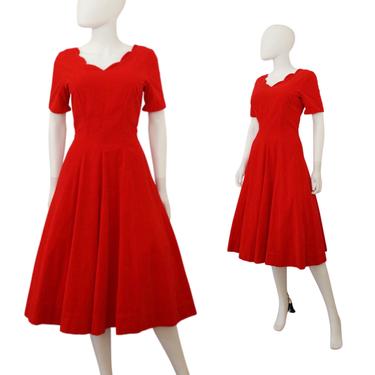 1950s Red Holiday Party Dress - 50s Red Party Dress - 50s Velveteen Dress - 50s Red Velvet Dress - 1950s Red Fit & Flare Dress | Size Small 