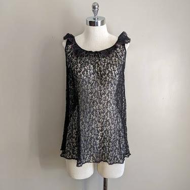 vintage 60's lace ruffle trim tunic lingerie camisole top in black size XS-M by BetaGoods