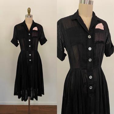 Vintage 1940s Dress 40s Shirtwaist Sheer Black Cotton 