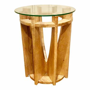 Organic Modern Ribbed Wood & Glass Side Table