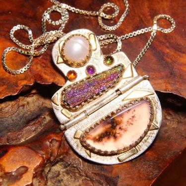 Vintage Signed Ann Allen Sterling Silver & 14K Gold Accent Gemstone Pendant Necklace, Pearl Cabochon, Rainbow Hematite, Moss Resin, 20&quot; L 