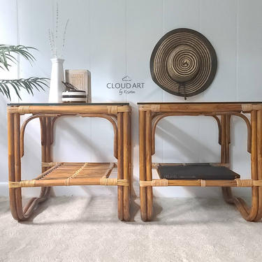 SHIPPING is NOT FREE! Two Vintage Franco Albini Style Glass Top Two Tiered Table Bentwood Boho Rattan Modern Vintage High End Furniture by CloudArt