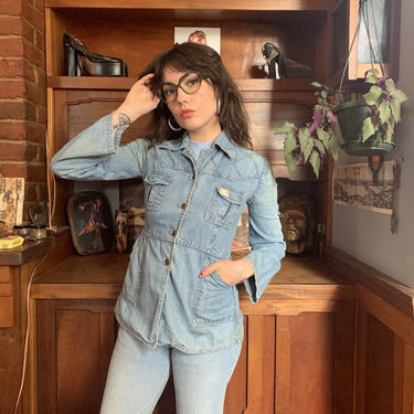 70's JEAN TOP - button up - crisscross stitching - pockets small 