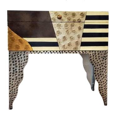 Italian Memphis Sottsass Post-Modern Brutalist Paul Evans Patchwork Style Side  Table Cabinet Lift Chest 