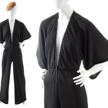 Vintage 1970s Jumpsuit | 70s Rhinestone Zipper Black Jersey Kimono Sleeve Plunge Neckline Wide Leg Studio 54 Glam Disco (small/medium) 