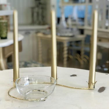 Triple Brass Candle Holder / Glass Candy Dish 