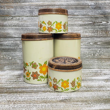 Vintage Woodbury Kitchen Canisters, 1970s Orange Green Brown Flowers Canister Set, Gingham Flowers Canisters + Lids, Cheinco Vintage Kitchen 