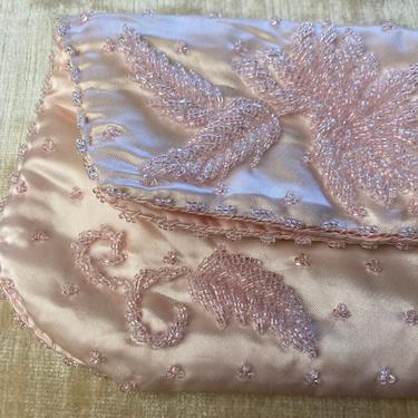 50’s pink silky satin hand beaded clutch purse~ soft pastel pale pink glass beads floral design pearly feminine sweet 1950’s 