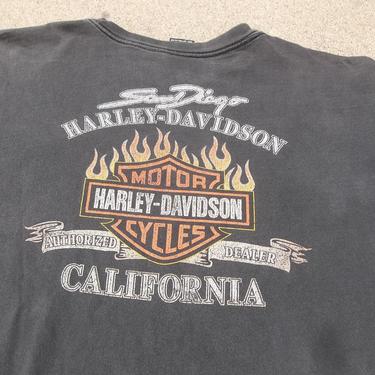Harley Davidson T-shirt San Diego California Biker Legendary Huge Logo Distressed Faded Black Grunge Biker Clothing Collectors Large 