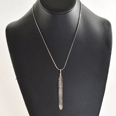Vintage Navajo sterling feather pendant signed jm (cursive), long 925 silver Southwestern tribal artisan quill necklace 