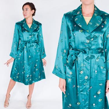 1960s Emerald Green Silk Brocade Coat | 60s Aqua Silk Evening Coat | Peony | Medium 