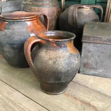 19th C Pottery Jug, Small Olive Jar, Redware Slip, Rustic Terra Cotta, Garden Vase, European Farmhouse, Farm Table, With Damages 
