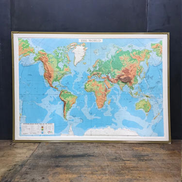 1970s XXL Topographical Relief Map of the World Educational Teaching Wall Classroom Vintage Mid-Century Giant 