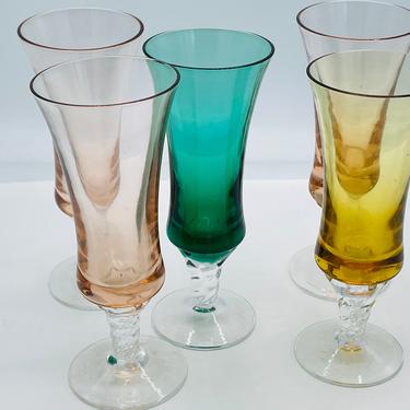 Vintage (5) Multi Colored Spiral Twisted Stem Cordial, Aperitif, liquor Glasses  Set of  (5)- Nice Condition- 4 ounces 