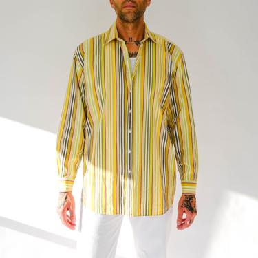 ETRO Yellow Tone Multi Stripe Long Sleeve Button Up Shirt | Made in Italy | 100% Cotton | 2000s Y2K Italian Designer Tailored Mens Shirt 