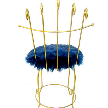 Vintage Hollywood Regency High Back Vanity Chair || Gold Metal &amp; Royal Blue Mongolian Faux Fur || Mid Century Modern Boudoir Stool 