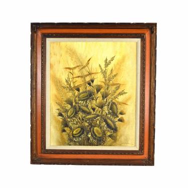 Vintage 1970’s Signed Sepia Oil Painting Still Life Sunflowers in Carved Frame 