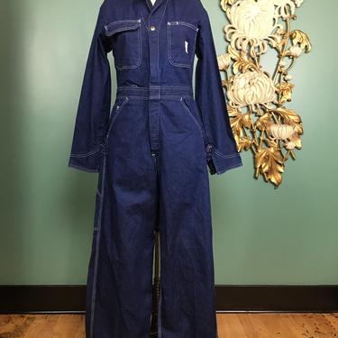 1980s coveralls, vintage overalls, pointer brand, denim coveralls, denim workwear, size medium, 1940s style, 31 waist, Rosie the riveter 